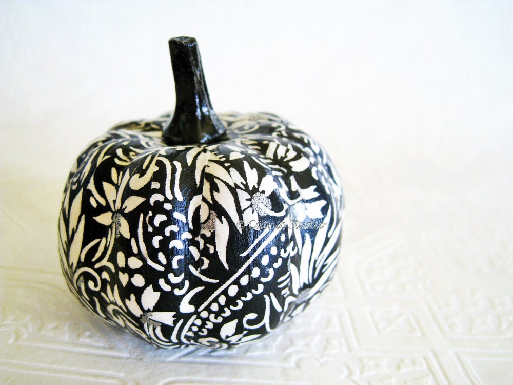 Pumpkin Ornament, Squash Ornament, Halloween Ornament, decoupage ornament, black and white, floral fall autumn thanksgiving