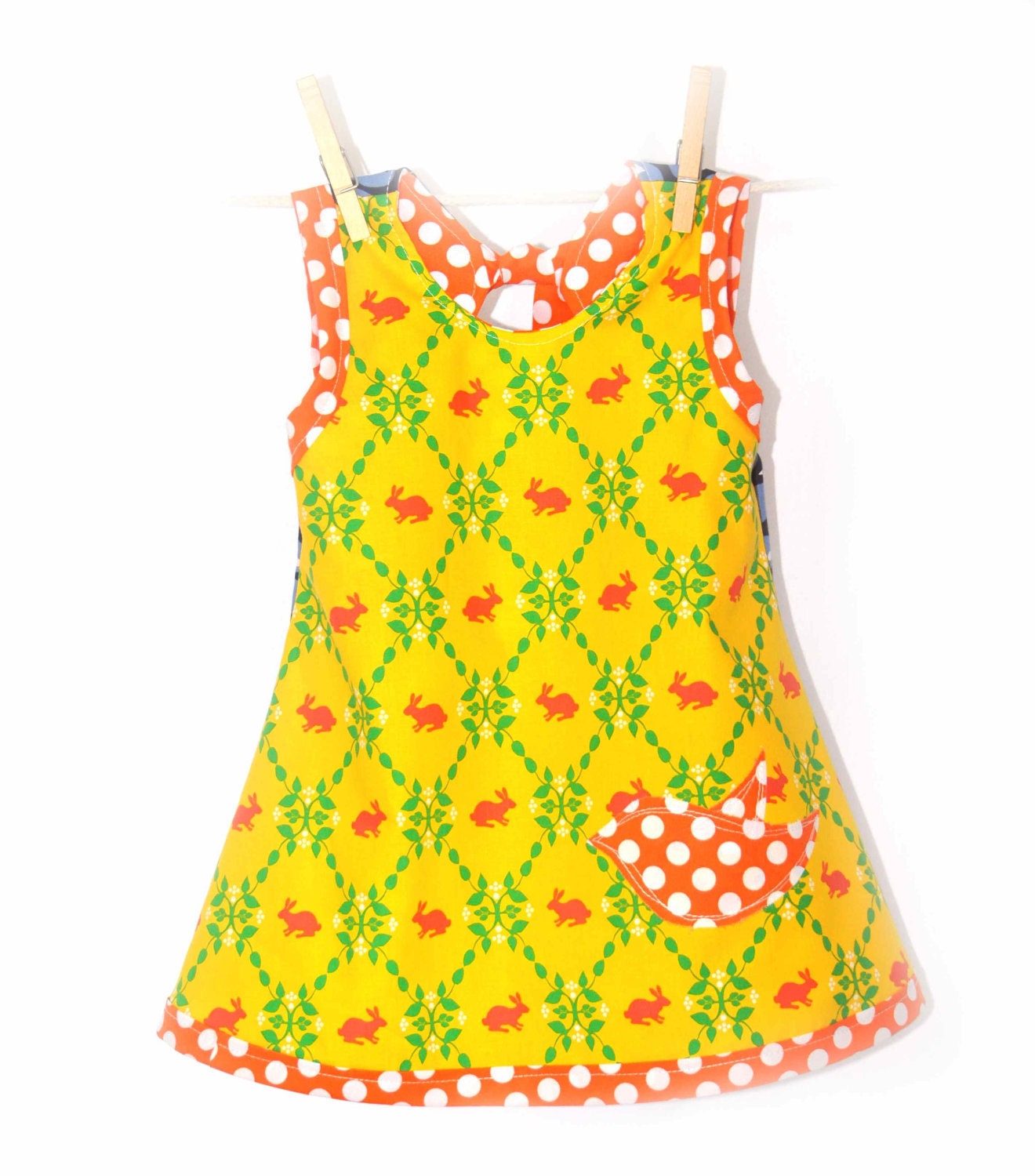 UB2 LAWN happy hopping bunnies & a cascade of baby blue chicks adorn this very uniuqe merida dress by The Urban Baby Bonnet--- size medium