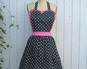 Retro APRON  50s housewife womens Black polka dot vintage style flirty aprons
