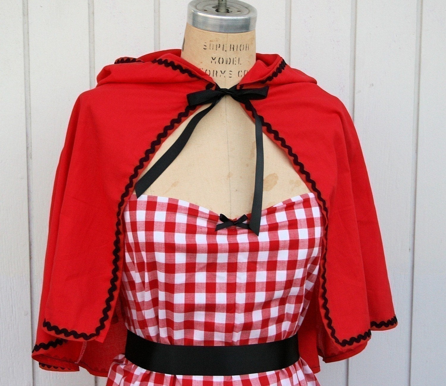 Little Red Ridinghood CAPE  for women black ric rac trim for your costume red cape