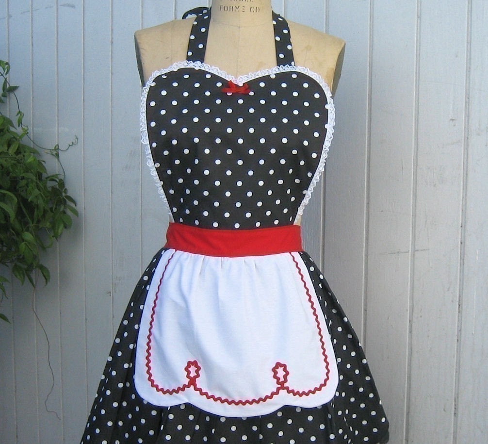 retro apron LUCY ...... RETRO red with black polka dot apron  fifties details sexy hostess gift  vintage inspired flirty womens full apron