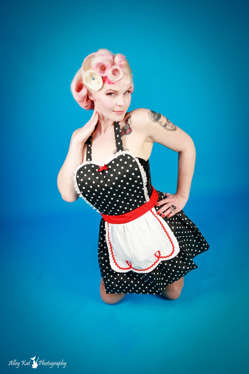 pin up apron  LUCY style  ... Retro apron Black Polka Dots  with fifties details is a sexy hostess gift and is vintage