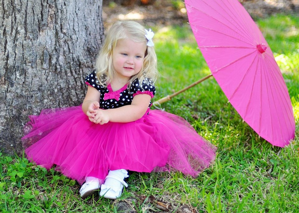 TUTU dress PARTY  DRESS retro black and white polka dot Hot Pink tulle baby toddler girl birthday portrait flower girl special occasion