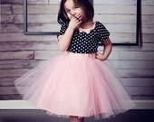 TUTU  DRESS in black polka dot Pink tulle skirt for baby toddler girl .. holiday birthday party  portrait flower special occasion