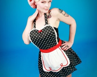 retro apron  LUCY pin up Black Polka Dot APRON has fifties details make a sexy hostess gift womens full apron