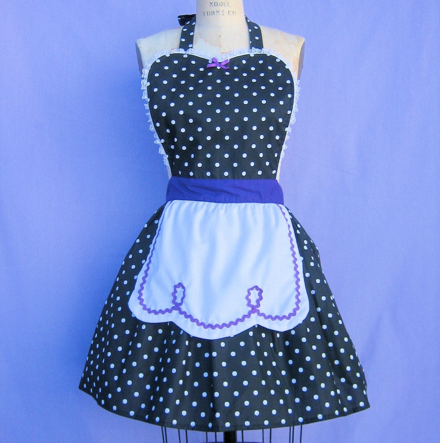 RETRO APRON black polka dot with purple womens full apron flirty hostess gift vintage inspired flirty