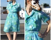 Vintage Springtime Blue and Green Pleated 50s Day Dress with Ascot Collar and Matching Belt - sz M