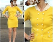 Vintage 60s Preppy Sweater Set in Bright Yellow - Double Breasted Cardigan with Tight Mini Skirt - XS/S