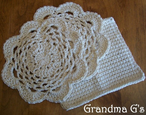 Floral dish cloths crocheted natural 3pk