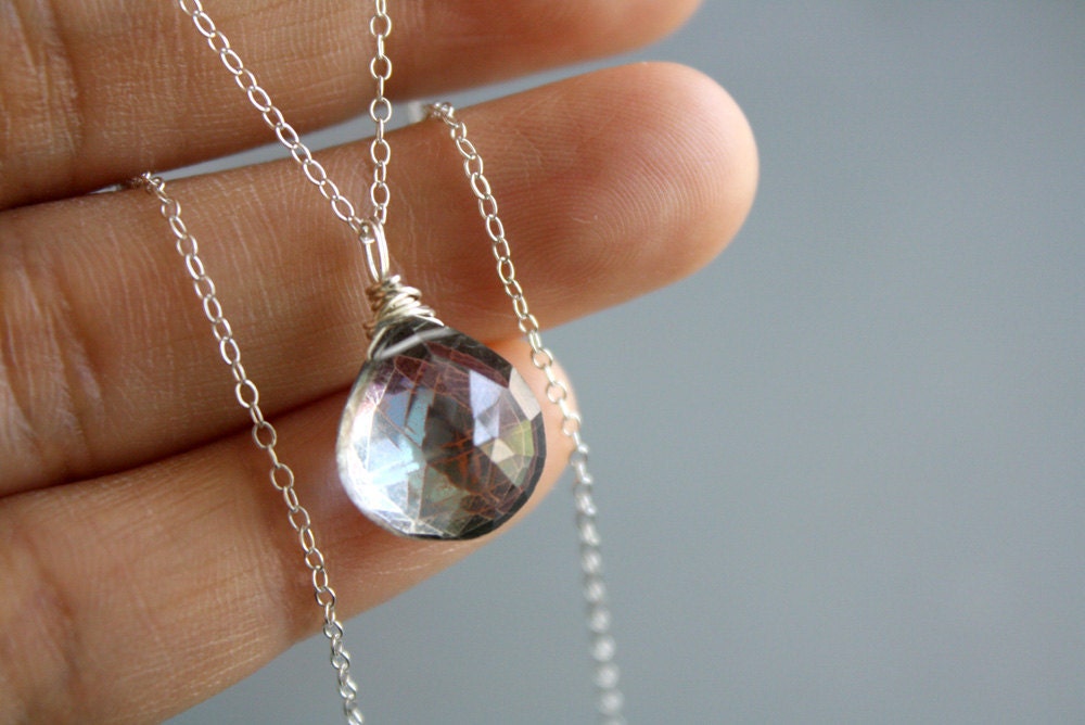 Solitaire Mystic Rainbow Quartz and Sterling Silver Necklace - Mystic Rain