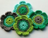 Crochet Embellishments Applique in Green, Grey, Aqua and Lime