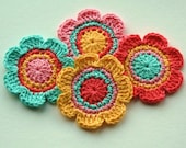 Crochet Flower Motifs in Tangerine, Yellow, Pink and Aqua