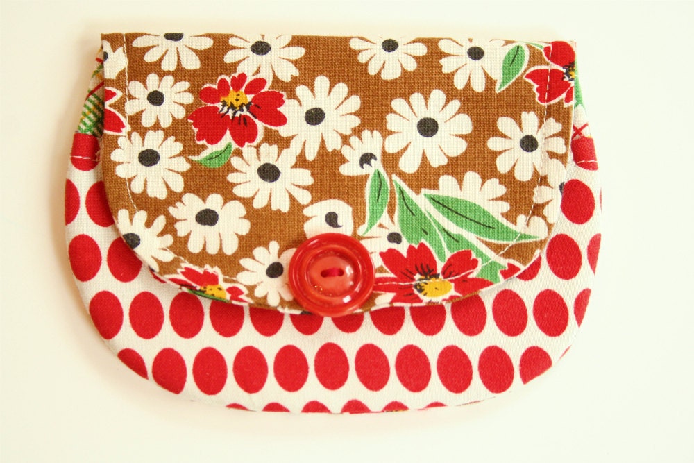Business Card Wallet Preppy Red Brown Floral Plaid Daisies Dots Daisies