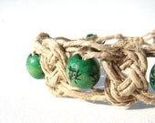 Hemp Bracelet-- Forest Green Wood Beads in Undyed Fiber