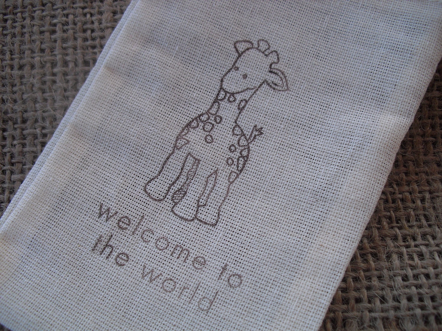 Favor Bags - SET OF 10 Giraffe Welcome to the World Baby Shower Muslin Favor Bags Gift Bags or Candy Bags - Item 1297