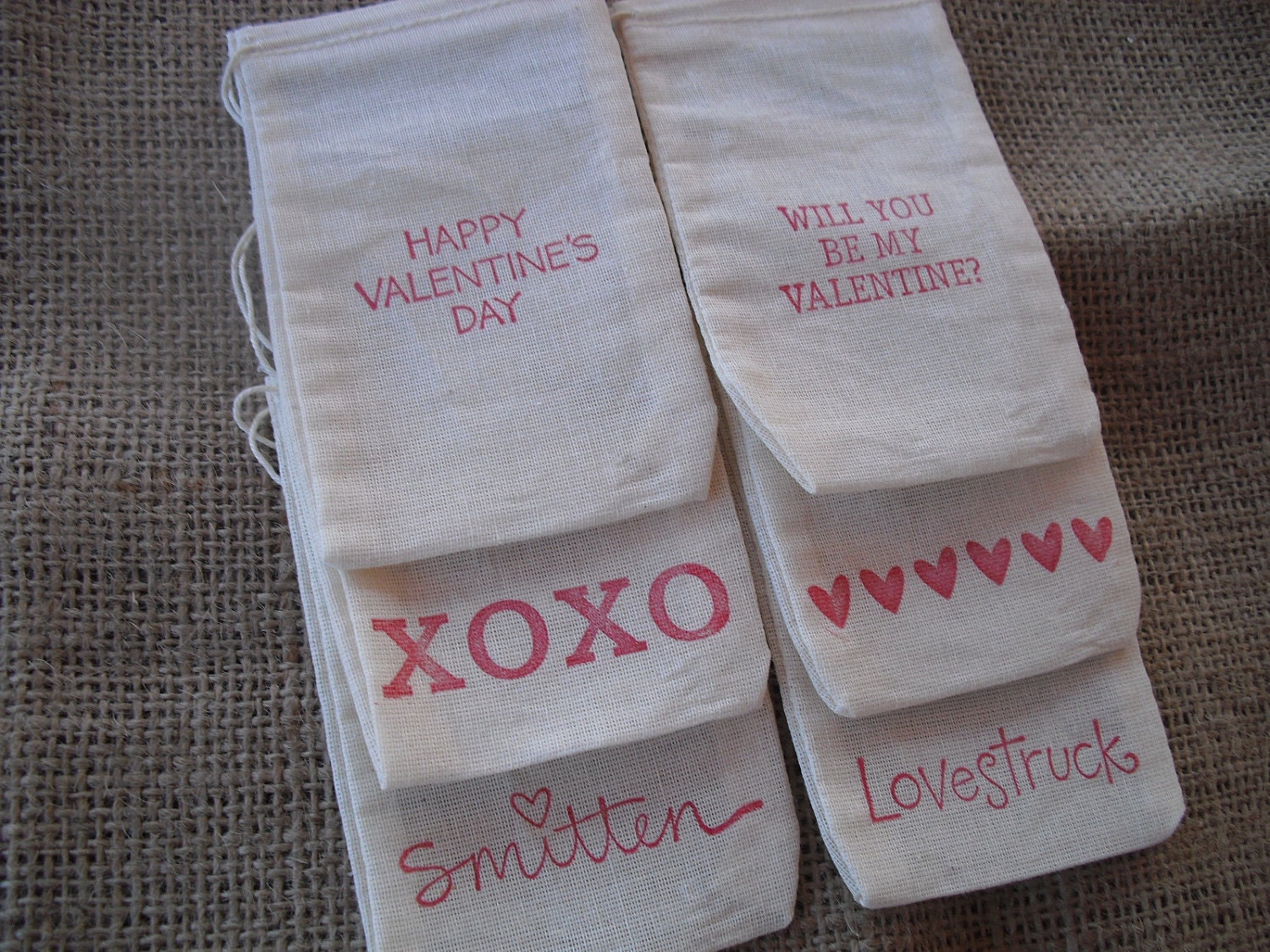 Favor Bags - SET OF 12 Valentine Muslin Favor Bags Gift Bags or Candy Bags - Item 1160