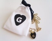 G - vintage initial heart necklace (16") with matching pouch (white)