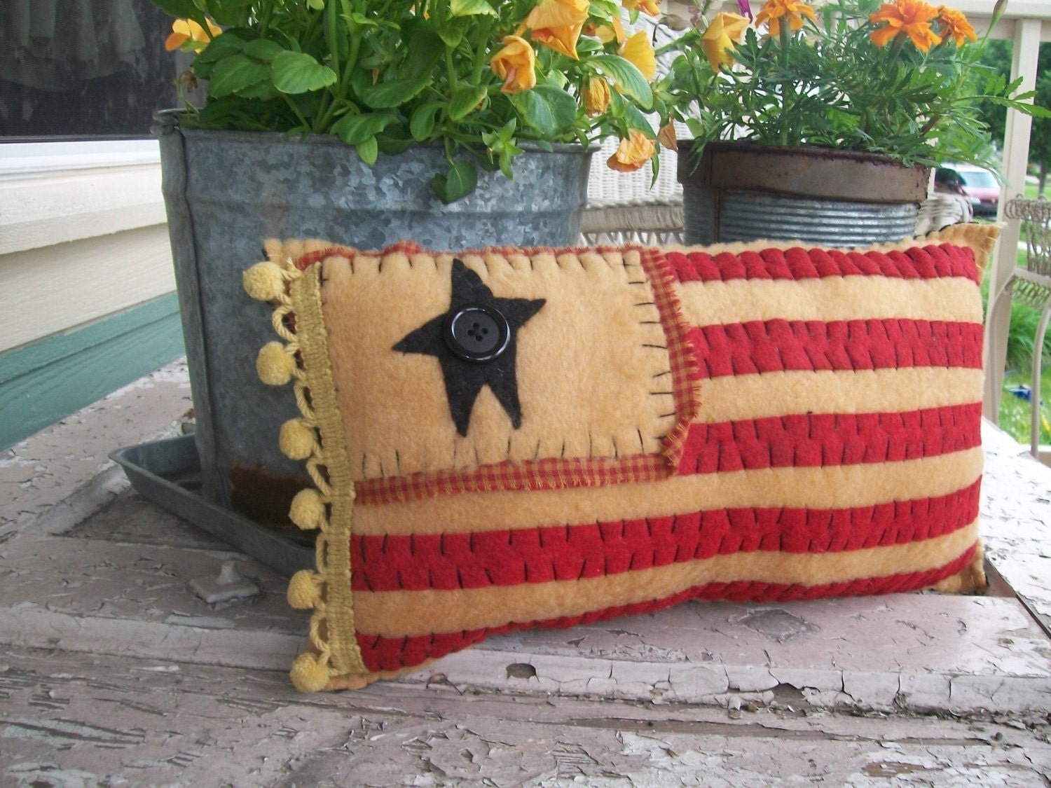 Primitive Style American Flag Pillow with Star