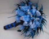 SOMETHING BLUE Flowerless Feather and Organza Wedding Bouquet And Boutonniere