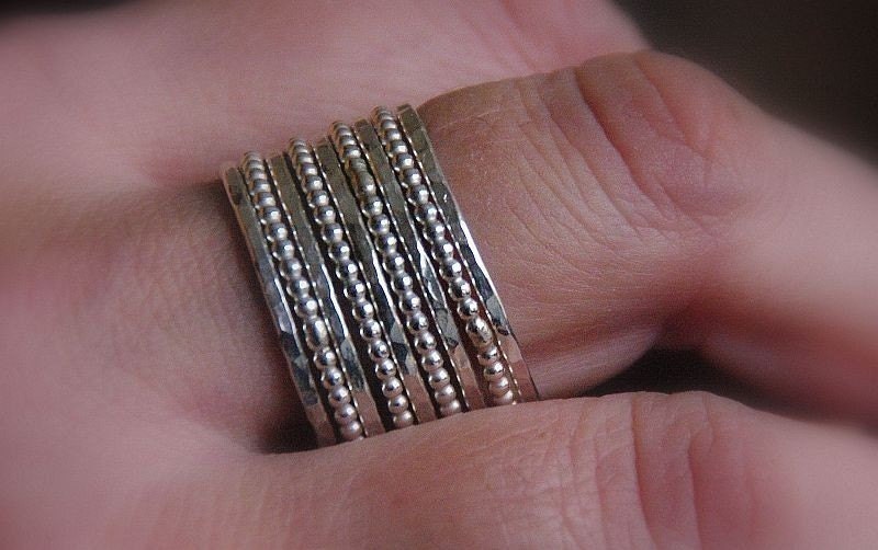 BOLD set of 9 hammered and beaded/dotted sterling silver stack/stacking/stackable rings -custom made sizes 4,5,6,7,8,9,10