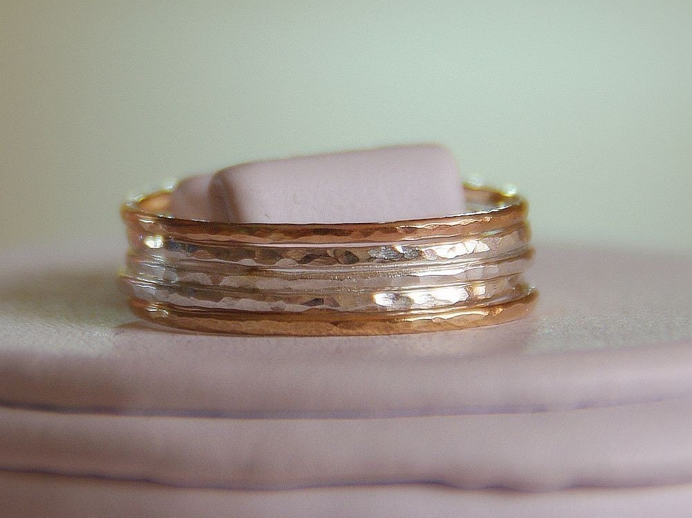 Set of 5- 14k gold filled & sterling silver hammered stack/stacking/stackable/band rings sizes- 4,5,6,7,8,9,10,11, half and quarter sizes