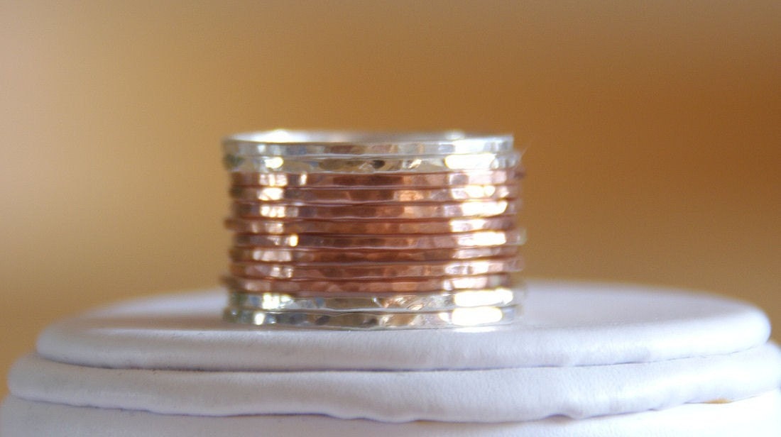 14k rose gold filled and sterling silver hammered rustic stackable rings free domestic shipping