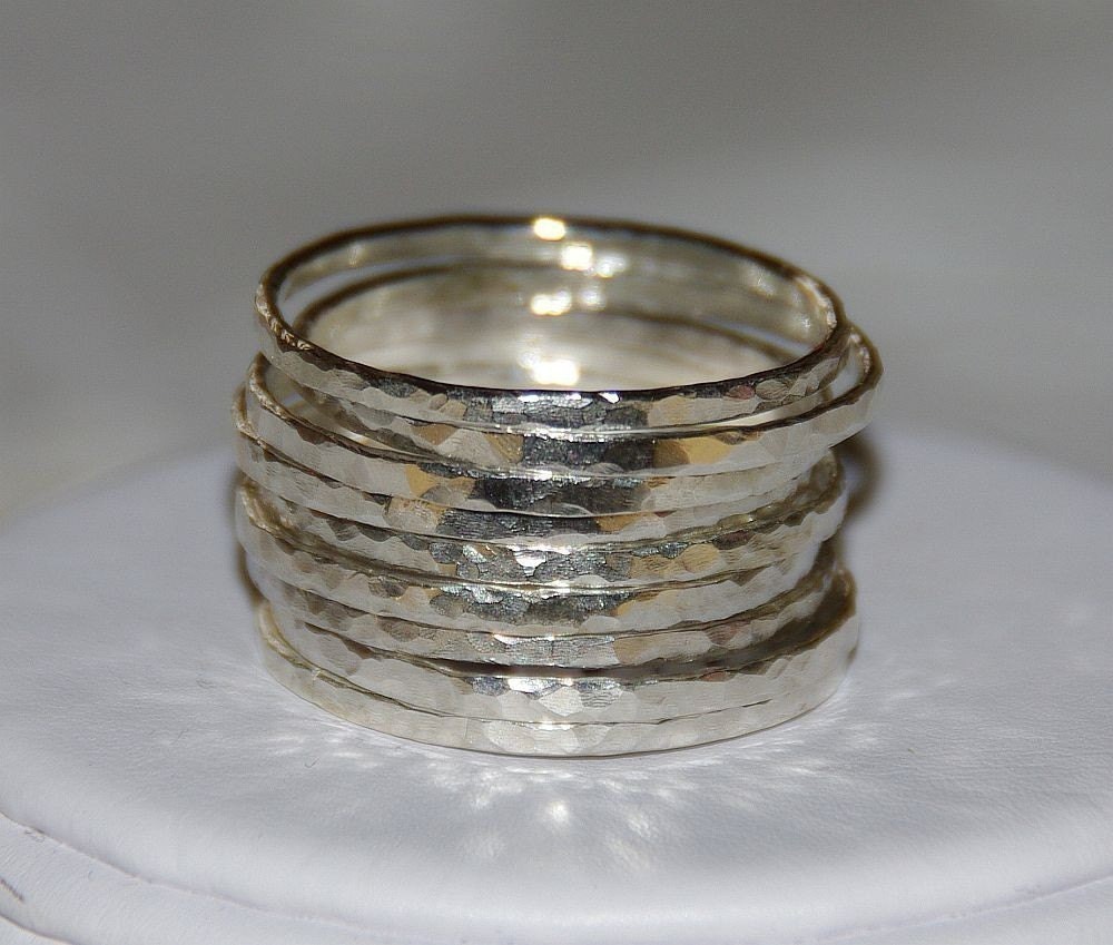 Set of 9 sterling silver stackable rings, hammered textured shiny bands, Made to order in your size