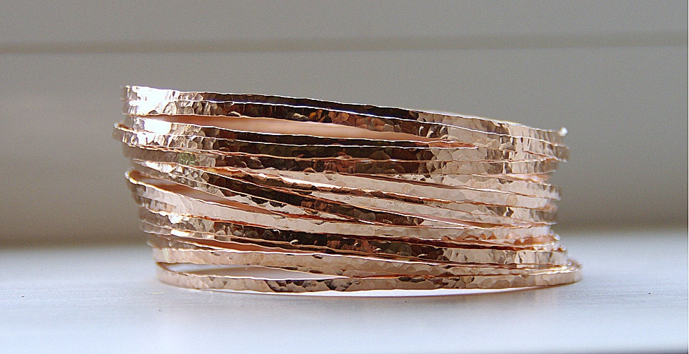 3 Rose Gold Filled Hammered Thin Stack Bangles Bracelets