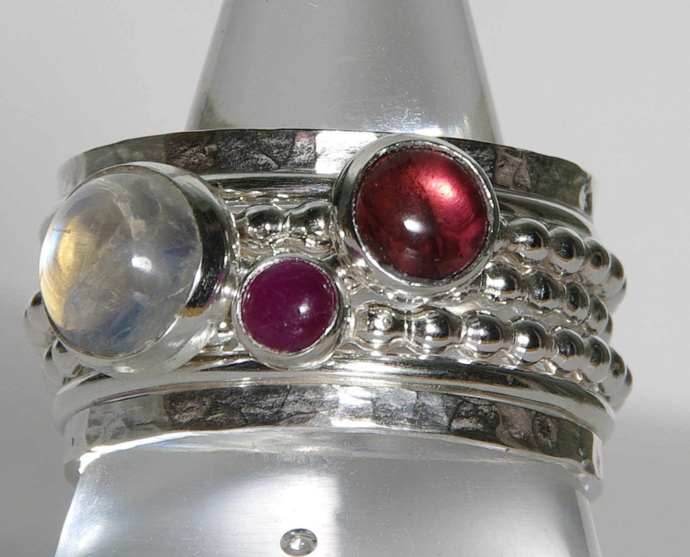 Pink Tourmaline Gemstone, Ruby Gemstone,  Rainbow Moonstone Gemstone Birthstone Rings/ Mothers Rings/ Silver Stacking Rings /Stackable Ring