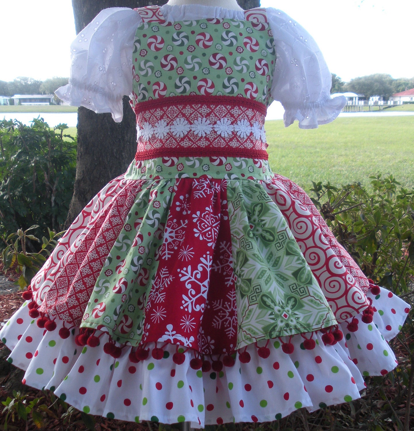 Custom Boutique Christmas  Red Green  Holiday Pom Pom Dress Girl 2 3 4 5 6 7 8