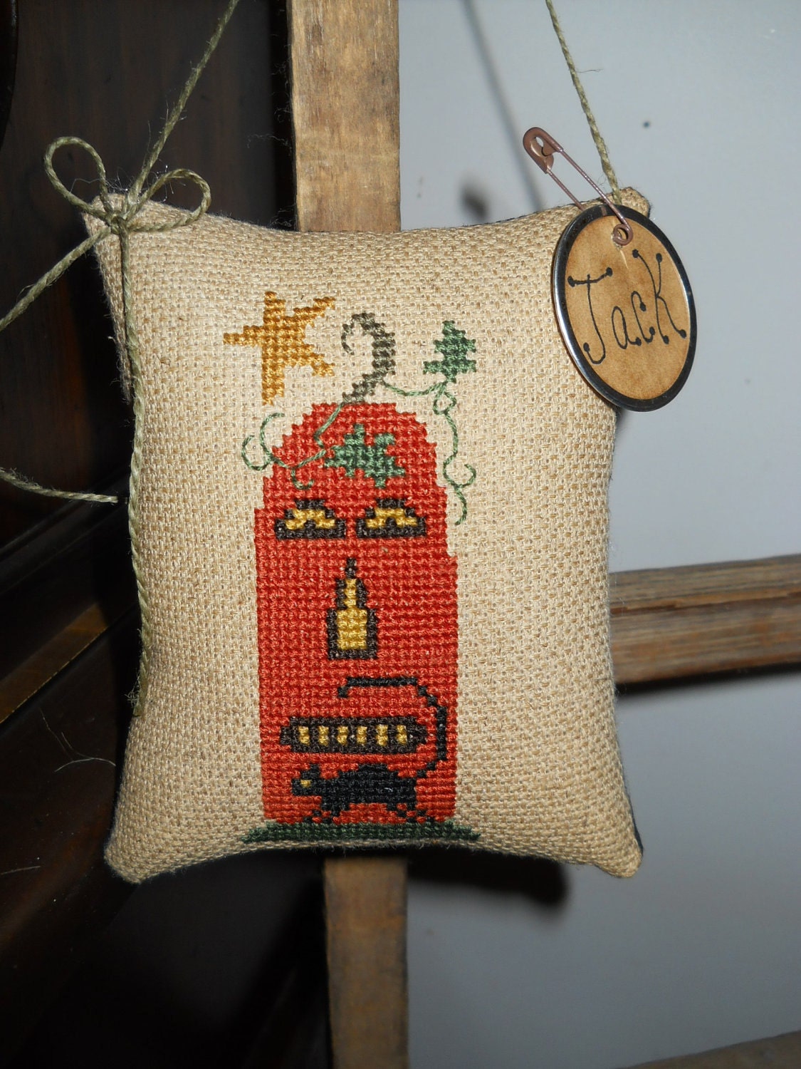 Hand Stitched Fall Halloween Cross Stitched Cupboard Hanger Pillow or Pin Keep
