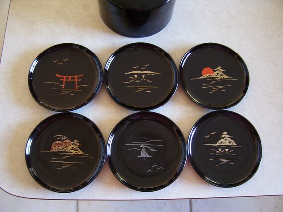 Vintage Black Lacquer Japanese Coaster Set by tucsonvintage