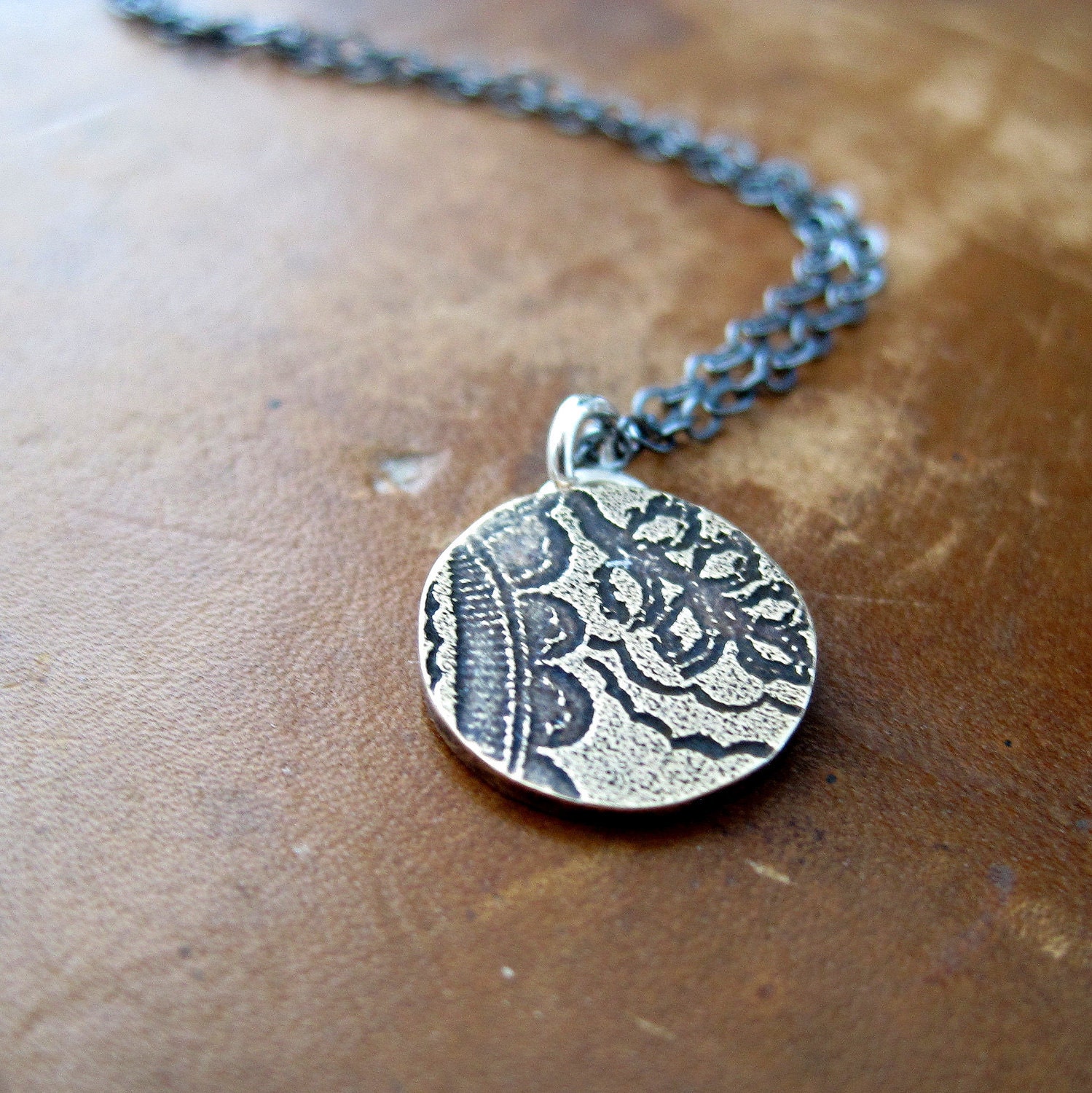 Tiny etched brass medallion necklace with a paisley pattern - ready to ship