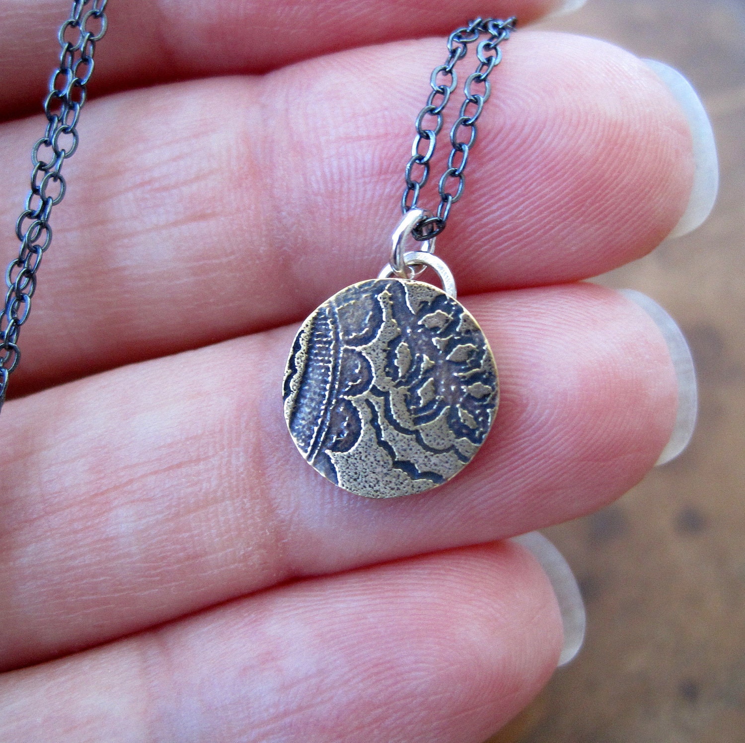 Tiny etched brass medallion necklace with a paisley pattern - ready to ship