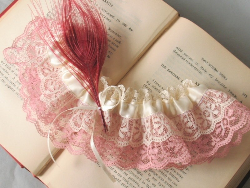 Bridal Garter - Birds of a Feather in Mauve and Ivory with Peacock Feather
