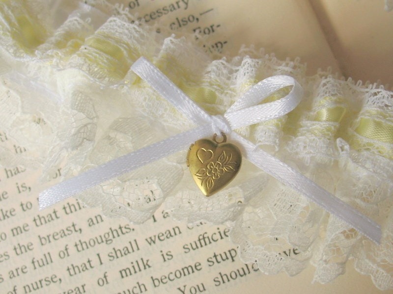 Yellow Bridal Garter Set -White Lace Buttercup Satin- Sweetheart Locket - MON AMOUR SET