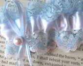 Bridal Garter Set -Something Blue and White with Pearl - JE T'AIME - Handmade Wedding