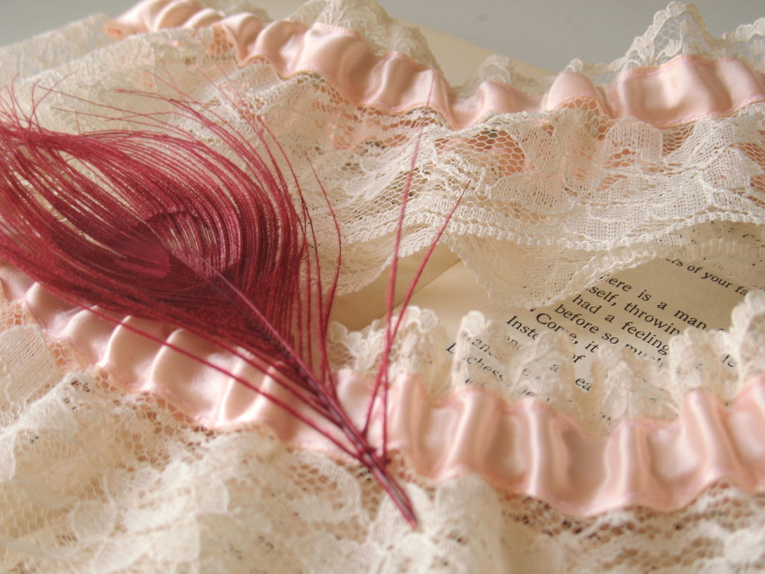 Bridal Wedding Garter Set - Pink Peacock Feather Blush Satin- Ivory Lace -  The LA BOHEME Garter Set