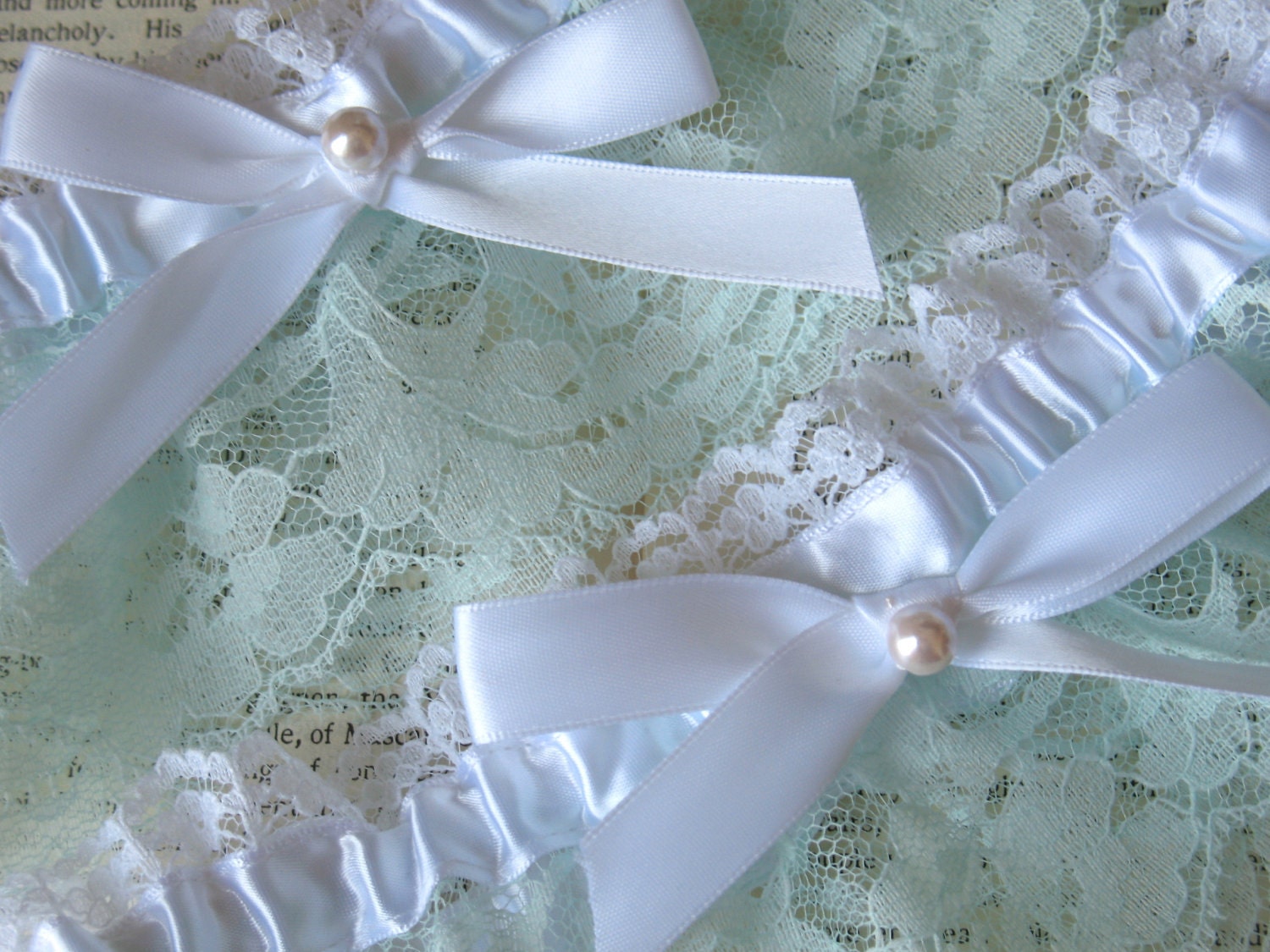Wedding Garter- MINT Lace Bridal Garter Set - White Satin Bow - Pearl- SWEET NOTHINGS