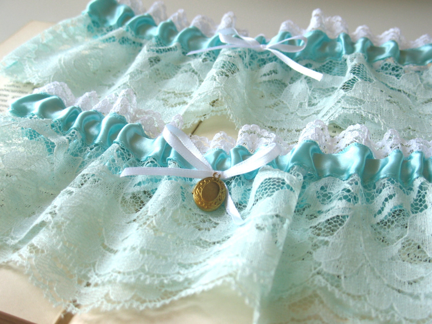 Wedding Bridal Garter - Mint and White Lace - White Satin Bow - Brass Locket - The MON AMOUR Garter Set