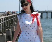 Retro Swimsuit Cover Up - Floral Embroidered White Cotton Pique - Red Bows OS