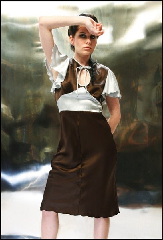 RETRO COCKTAIL Dress in Brown and Silver Silk Charmeuse with Flutter Sleeves S
