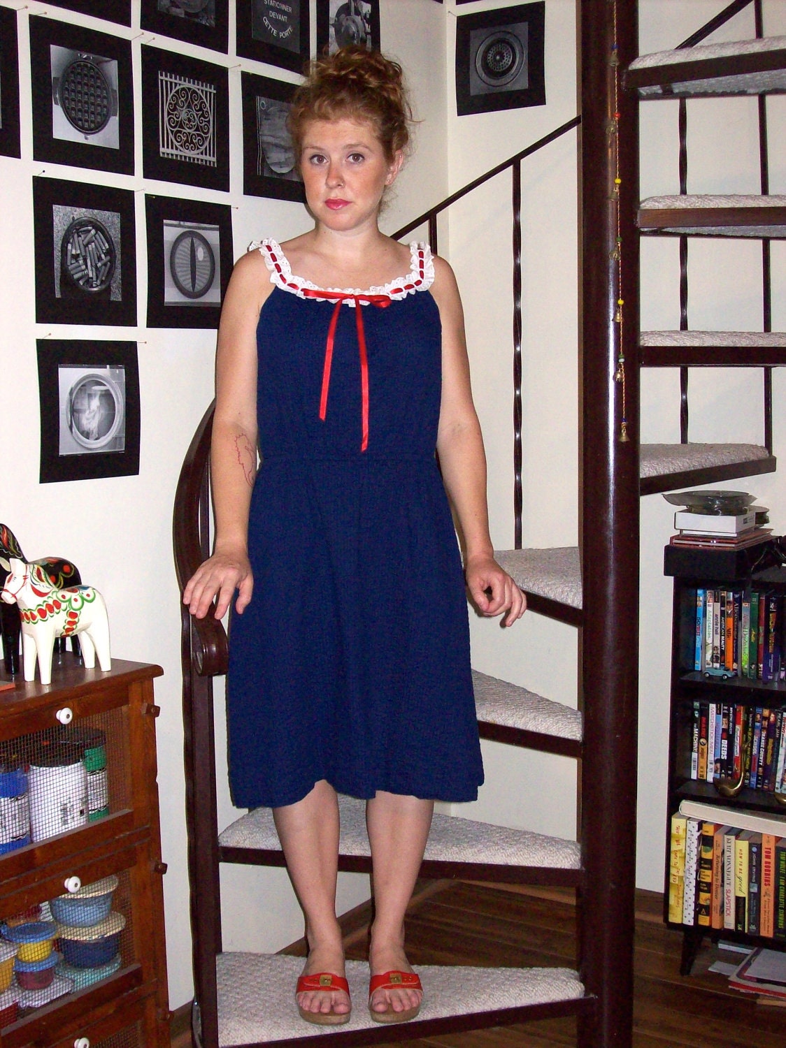 Vintage navy dress with red and white eyelet straps - medium/large