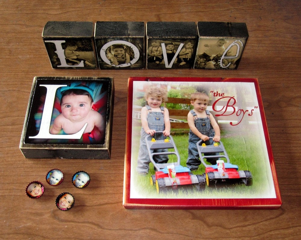 PHOTO LETTER BLOCK Sample Package- Personalized- 1 Extra large, 1 Large, 4 small, 4 magnets