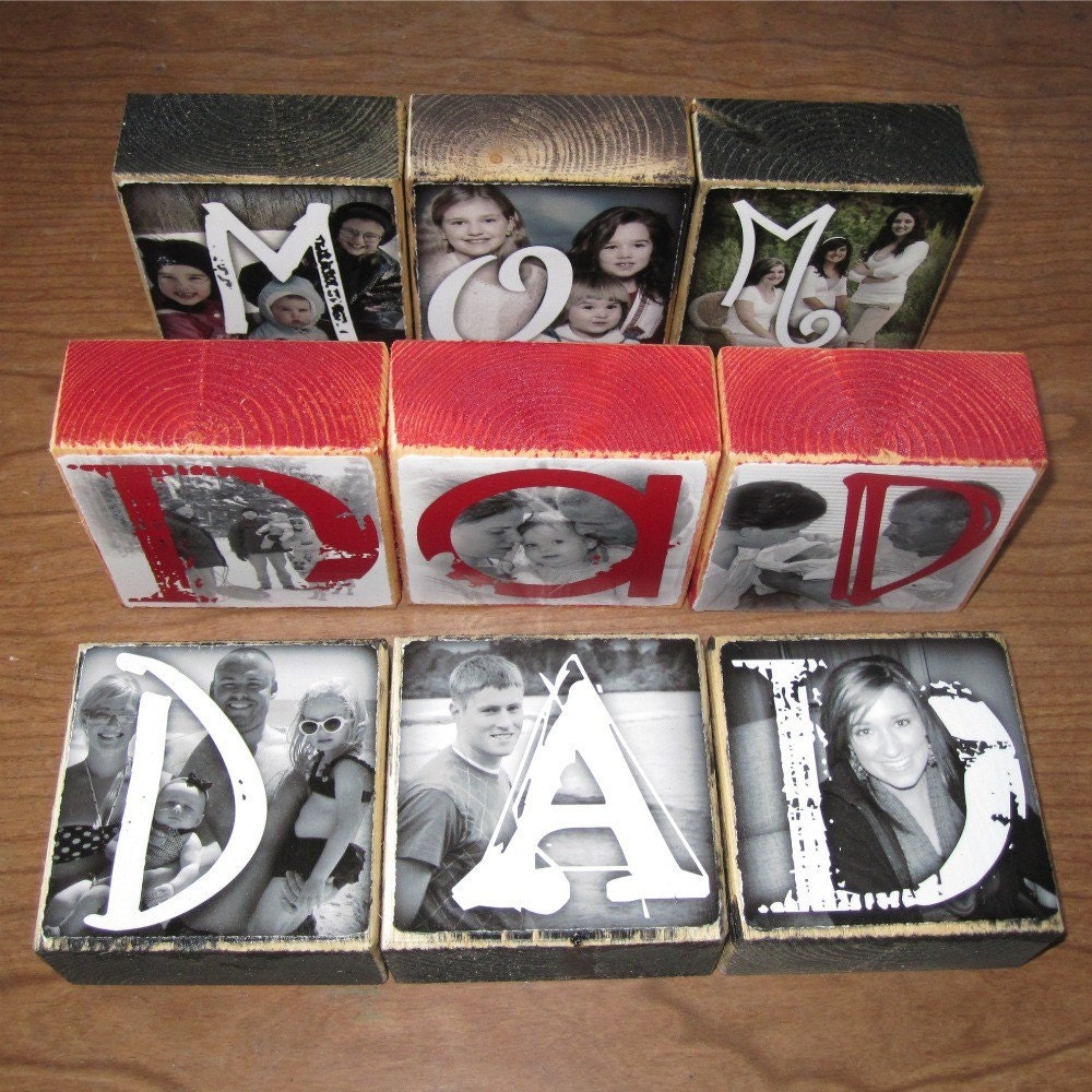 PERSONALIZED Gift- Photo Blocks- MOM Dad POP Sis- set of 3 Letter Blocks