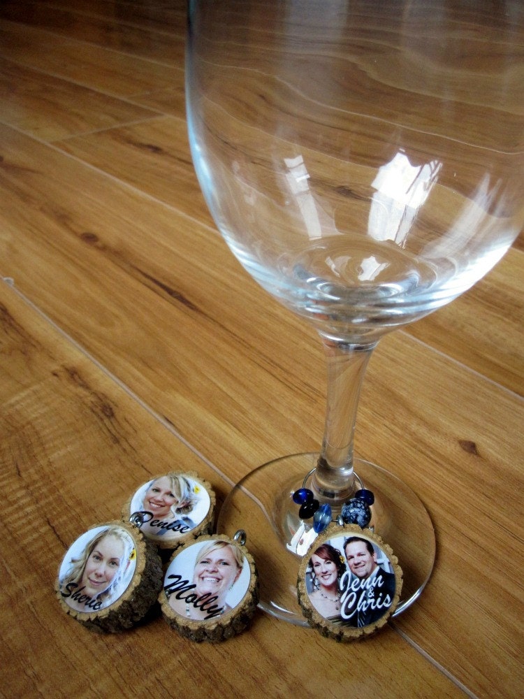 Custom Photo WINE CHARMS made from tree branches and reclaimed beads- set of 4