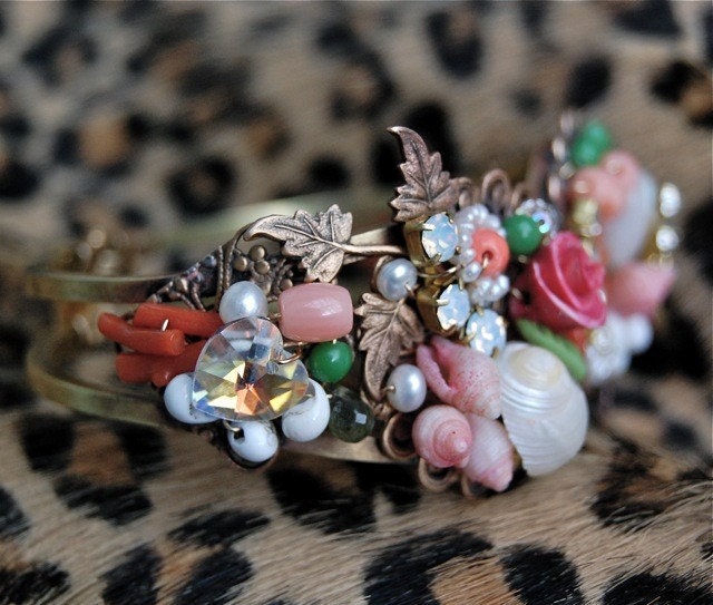 Glorious Lilygrace Coral, Freshwater Pearl and Vintage Rhinestone Floral Handwired Antique Brass Cuff