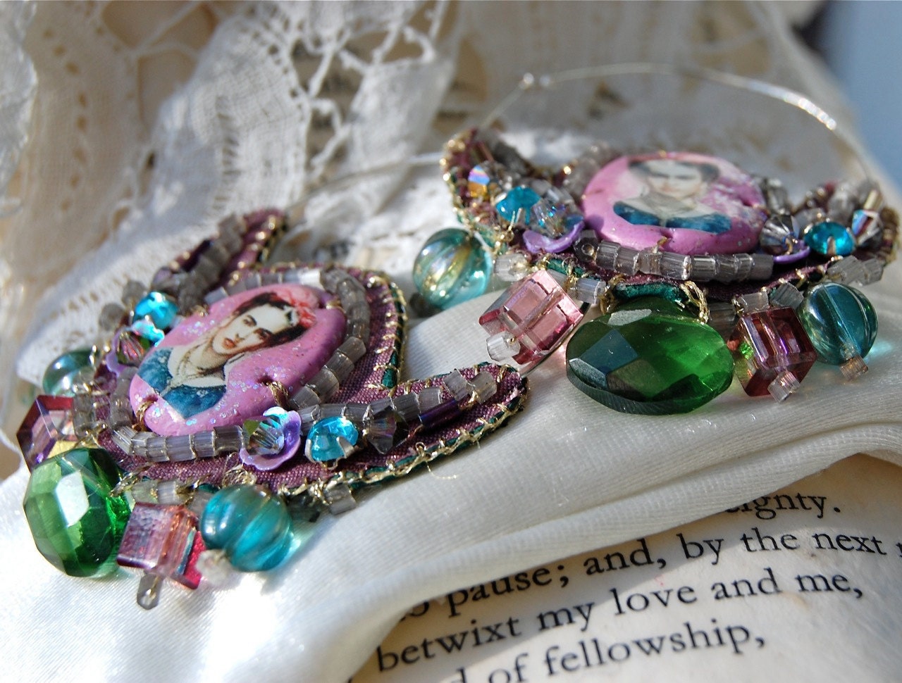 Lilygrace Frida Lilac Hoop Earrings with Silk, Vintage Rhinestones and Glass Beads
