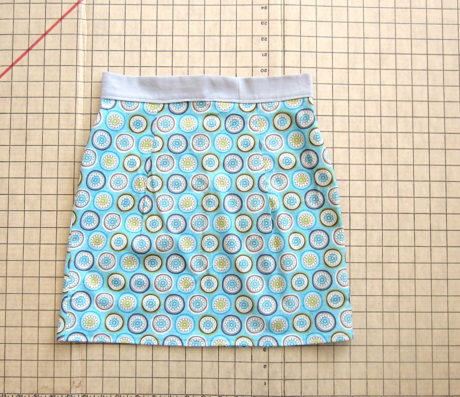 Polka Dots & Flowers Mini Pencil Skirt X-Small Blue, Brown, Green and Gray