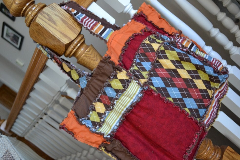 RAG PURSE, Diaper Bag, Quilted Tote, Red, Orange, Argyle, Made To Order